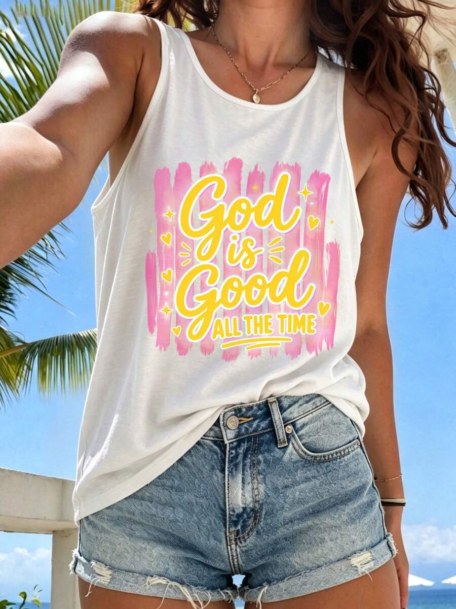 Bestseller Retro Christian Faith Pink Brush Stroke God Is Good Heart Star Graphic Women's Tank Top, For Church Worship Beach Vacation Faith Gift - White - View 1