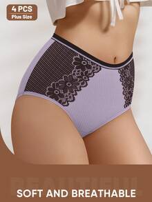 4pcs Women's Plus Size Mid-Waist Lace Panties, Contrast Color Triangle Briefs, Comfortable & Soft - Multicolor - View 5