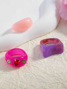 1 Set de 3 Anillos Elegantes Minimalistas de Moda con Paleta de Colores Dopamina Incrustados con Strass, Adecuados para el Uso Diario y Fiestas de Mujeres - Multicolor - Ver 3