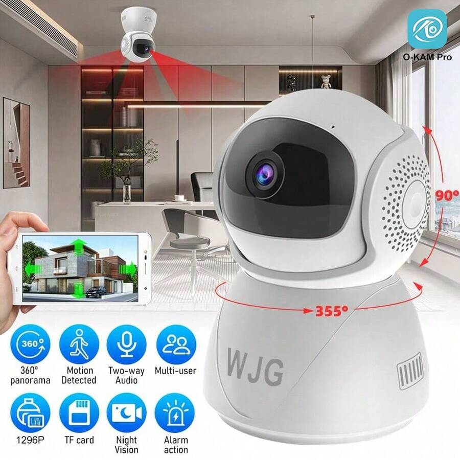 WJG 1296P Smart Indoor Security Camera Wireless IP Camera With Night Vision, Auto Tracking And Motion/Sound Detection, 2.4G WiFi, Plug And Play Monitoring Device Compatible With Smartphone App - White - View 1