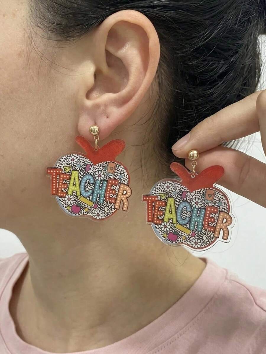 1 Par de Brincos Pingente em Formato de Maçã com Letra Acrílica TEACHER Impressa, Papelaria Fofa, para Mulheres, Meninas, Estudantes, Volta às Aulas ou Dia do Professor - Multicolorido - Visão 1