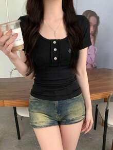 女款拼色短袖T恤，休閒通勤百搭上衣，夏季黑色T恤 - 黑色 - 查看 3