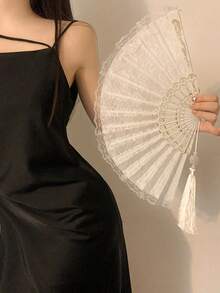 1pc Vintage French Lace Tassel Folding Hand Fan, Fashionable And Portable, Suitable For Summer Dance - Multicolor - View 7