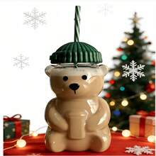 Mini Bear-Shaped Glass With Green Cap And Straw - Cute Transparent Bear Bottle, Adorable Bear-Shaped Container, Suitable For Juices, Smoothies, And Teas - Ideal Beverage Container And Gift For The Office And Parties (Hand Wash Only) - Bear Design - Pink - View 3