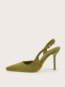 Women's Office Minimalist Denim Blue Pointed Toe Closed Toe Slingback Buckle Stiletto Ultra High Heels - Olive Green - View 5