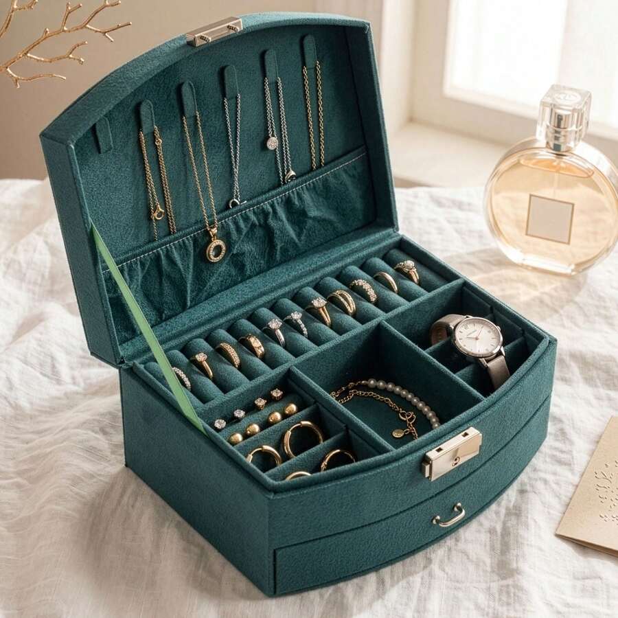 Jewellery Box 2-Layer Jewellery Storage Travel Jewellery Box Portable Jewellery Case Small  Spacious Or Larger Accessories Gift Idea - Green - View 1