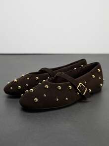 2026 New Women's Gold Rivet Buckle Mary Jane Flat Shoes, Plus Size Vintage Daily Commute Women's Shoes - Brown - View 1