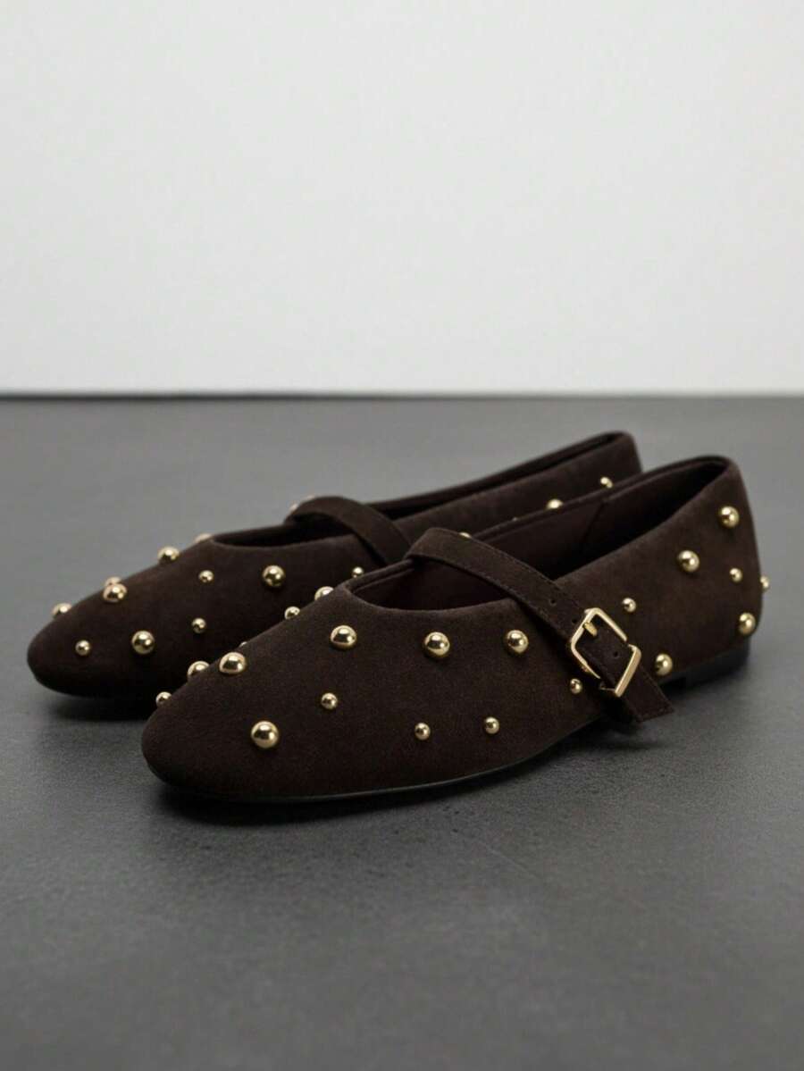 2026 New Women's Gold Rivet Buckle Mary Jane Flat Shoes, Plus Size Vintage Daily Commute Women's Shoes - Brown - View 1