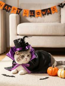 1 Set/1/2pcs Halloween Pet Costume Set, Spider Glitter Top Hat And Bat Vampire Cape, Adjustable Puppy Cat Wizard Outfit, Holiday Party Role Play Photo Prop Pet Accessories, 2 Colors Cape Optional - Multicolor - View 3