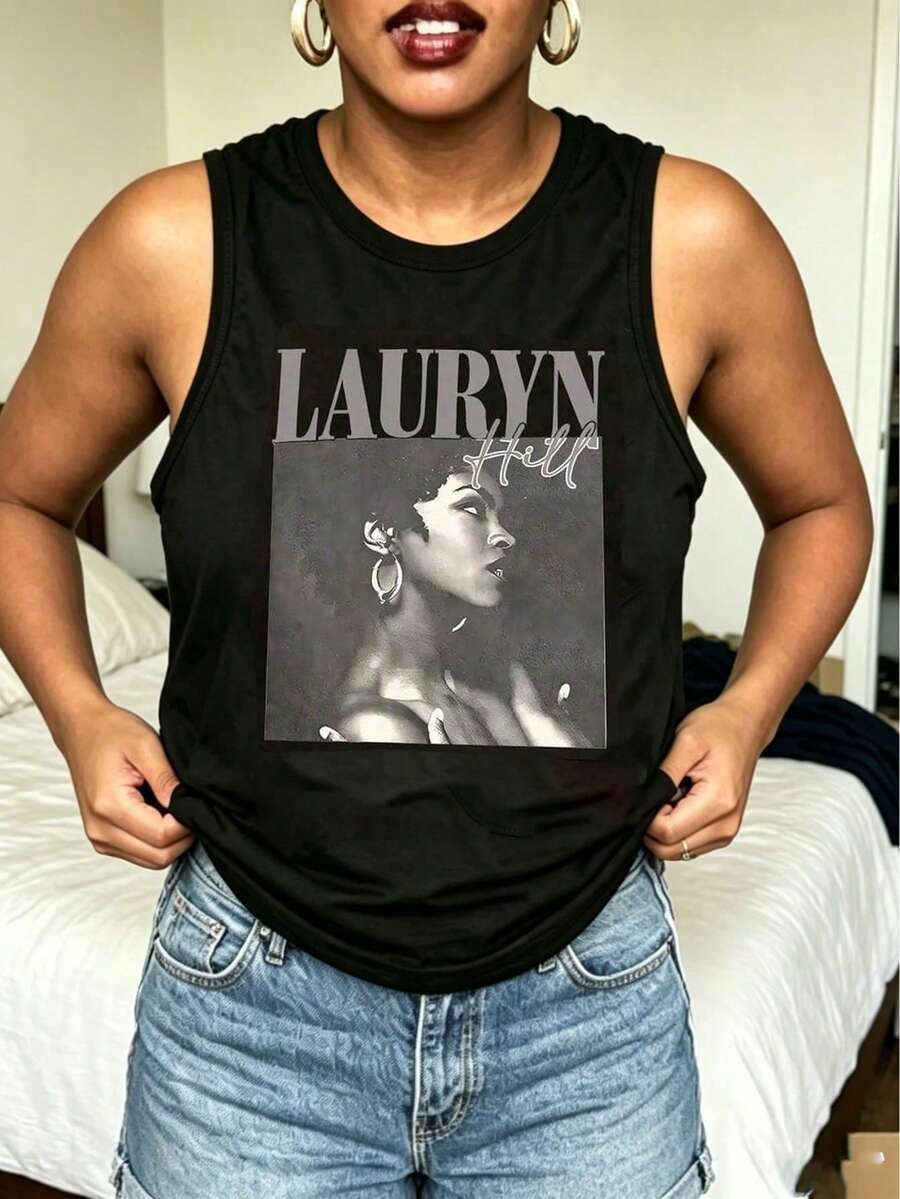Women's Lauryn Hill Print Tank Top, Casual Sleeveless Summer Tops, Going Out Tops, Music Festival Outfits For Women, Y2K Style Graphic Tees - 黑色3 - 查看 1