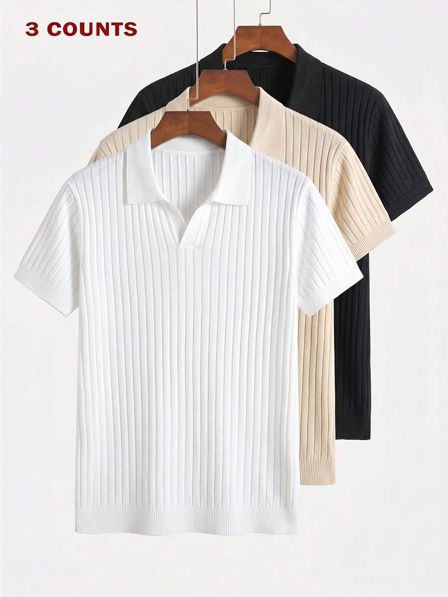 Men's Spring/Autumn Solid Color Fashion Versatile Minimalist Polo Collar Ribbed Knit Tops 3 Pieces, Suitable For Daily Commute And Dates - Multicolor - View 1