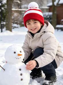 1pc 8-16 Years Old Christmas Red & White Fashion Striped Pom Pom Beanie, Warm & Cold-Proof, Suitable For Cold Winter, Boys & Girls - Multicolor - View 7