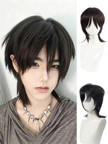 Wolf Tail Wig For Men, Japanese Style, Short Straight Hair, Layered Mullet Head Wig, Unisex, Versatile, Full Head Cover - Multicolor - View 1