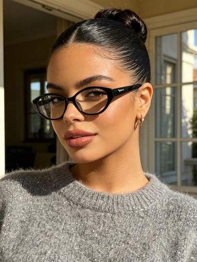 1 Pair Women Glossy Black Cat Eye Light Glasses, Light Y2K Ins Fashion Eyewear For Back To School Campus Daily Office Outfit