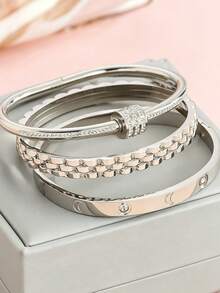 3/1 Pc High Quality Stainless Steel Flower Zirconia Women's Bracelet, Feminine Design, Four-Leaf Clover Zirconia Bracelet, Jewelry Accessory Gift, High Quality Jewelry, Women's Bracelet Accessory, Women's Stainless Steel Bracelet, Women's Western Style Jewelry, Suitable For Beach/Vacation/Holiday/Daily/Casual - Silver - View 8