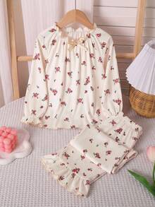Sweet Spring/Autumn Girls French Vintage Floral Long Sleeve & Long Pants 2 Pieces Set, Soft Fabric Pajamas, Suitable For Daily Home Leisure Wear - Apricot - View 3