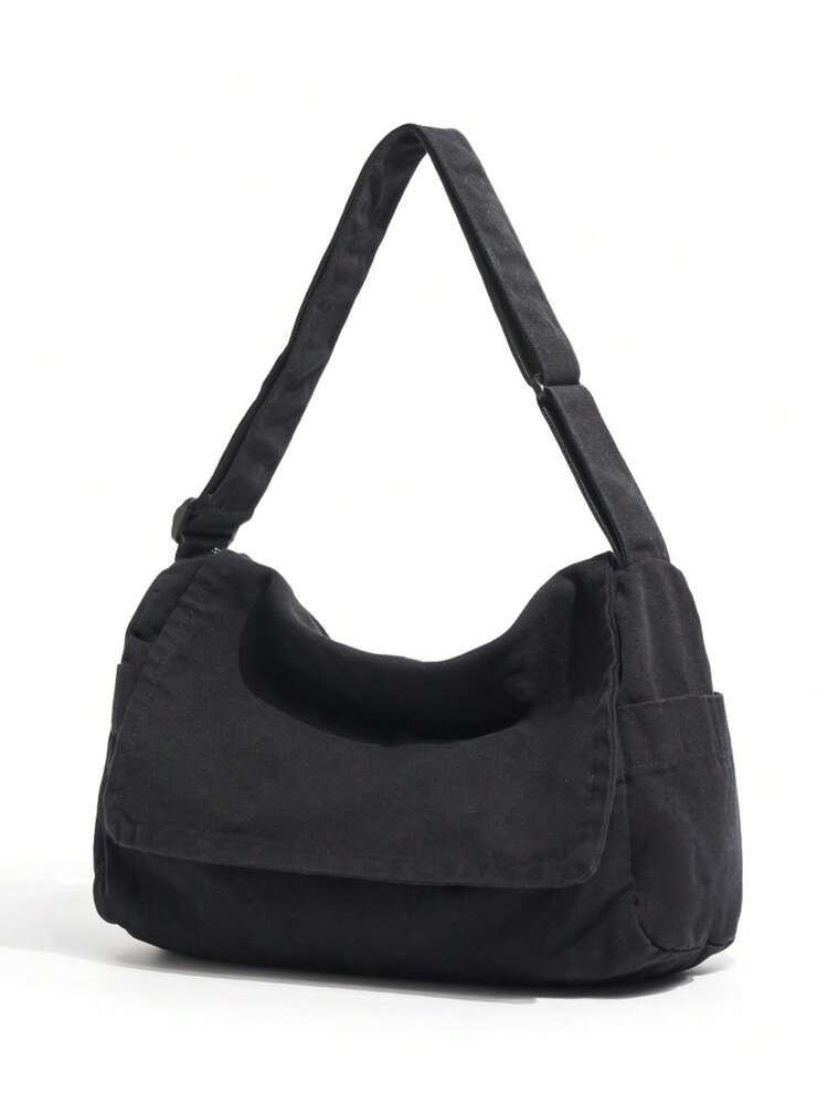 Minimalist Solid Color Versatile Thick Canvas Fabric Crossbody Bag Shoulder Bag Zipper Closure Adjustable Strap - Black - View 2