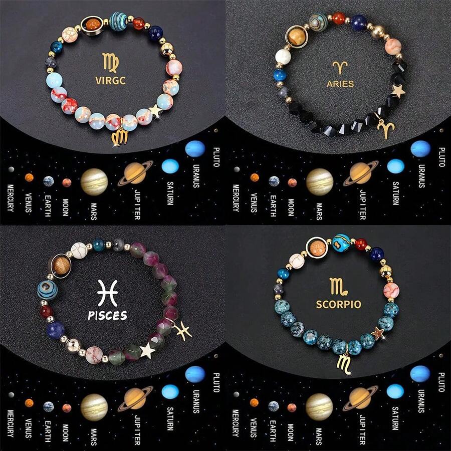 Natural Stone Beaded Bracelet, Zodiac Sign Bracelet, Natural Stone Beaded Chain, Solar System Bracelet, Suitable For Daily Wear, Party Accessory - Multicolor - View 1