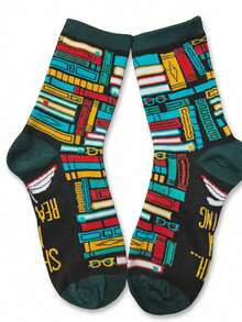 1 Pair Unisex Fun "Shhh... I'm Reading" Book Pattern Mid-Calf Socks, Casual All-Season Style, Perfect Gift For Book And Reading Lovers - Multicolor - View 2
