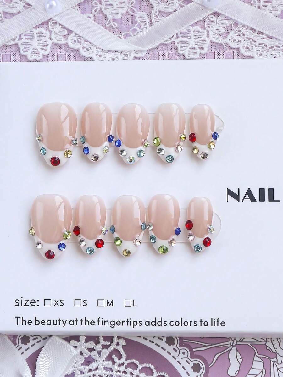 10pcs Handmade Short Almond Shape Classic French Press-On Nails, Pure White Tips With Colorful Rhinestone Border, Suitable For Party, Dance, Daily Wear, Comes With Tool Set, Perfect Gift For Women And Girls - White - View 1
