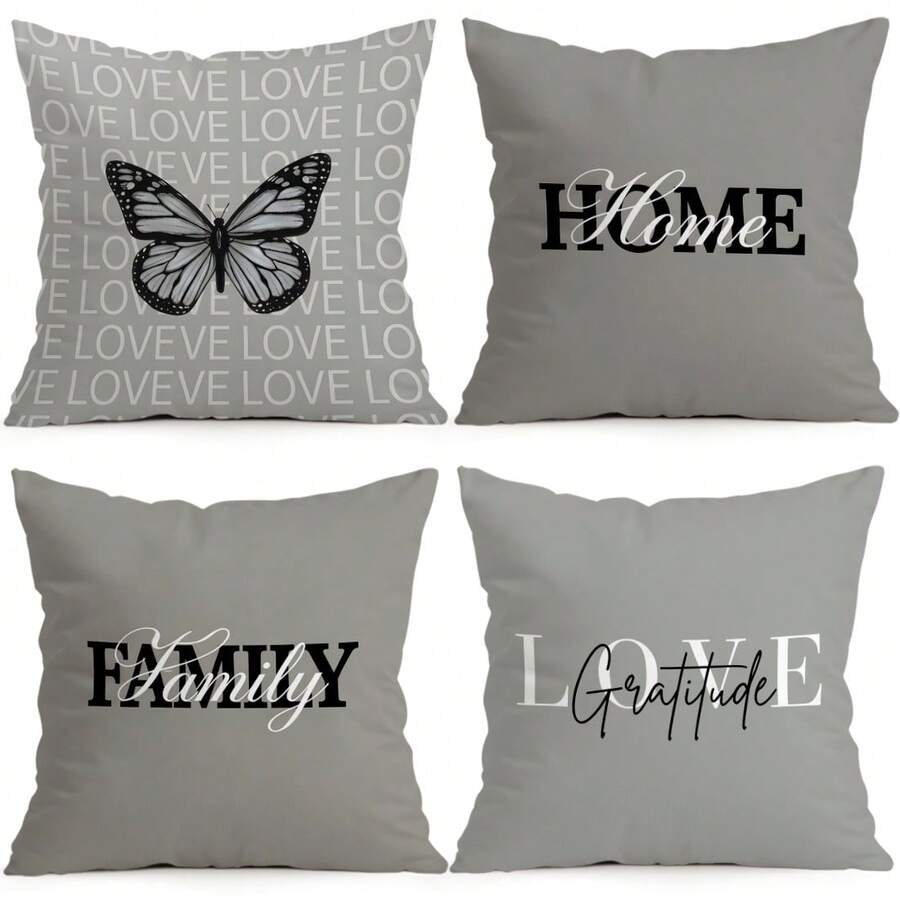 4 piezas Fundas de almohada con patrón de texto minimalista y acogedor sin rellenos, fundas de almohada impresas en un solo lado, adecuadas para sala de estar, dormitorio, decoración del hogar, fundas de almohada para todas las estaciones - Multicolor - Ver 1