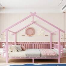 Metal Children's Bed In The Shape Of A House, 140 X 200 Cm, With Roof Design And Decorative Frame - Pink - View 2
