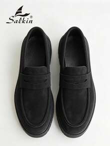 Salkin 男士極簡設計一腳蹬樂福鞋 Penny 款粗齒厚底鞋 平價奢華休閒鞋 正品品牌 柔軟素色麂皮鞋面 舒適莫卡辛鞋 學院風學生鞋 厚底增高鞋 日常走路鞋 男士情侶約會出遊 百搭派對宴會度假禮物 適合四季 - 黑色 - 查看 2