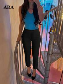 ARA CHIC Women's Black Short Tapered Leg Pants, High Waist Button Closure Suit Pants, Business Casual Commute Outfit - Black - View 2