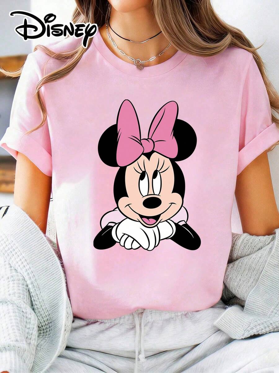 [Disney]Disney Minnie Mouse Big Pink Bow Graphic Tee - Women's Casual Short Sleeve Crew Neck T-Shirt - 粉色 - 查看 1