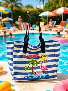 Large Capacity Blue & White Striped Beach Tote Bag, Summer Theme "SUNSHINE" Print, Foldable Canvas Shoulder Bag, Waterproof & Sandproof Travel Bag, Suitable For Summer Essentials, Perfect For Beach Trips, Swimming, Shopping And Daily Use, Ideal For Women, Travelers And Beach Lovers, Great For Spring Break, Easter, Vacation And Gifts, Can Be Used As Beach Bag, Shopping Bag And Travel Companion, Back To School Gift - Multicolor - View 3