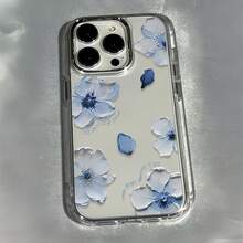 1pc Metal Transparent Personalized Oil Painting 3D Blue Flower Pattern Phone Case Compatible With IPhone 16 Pro Max/17/16/15/14 Plus/13/12/11 Air Protective Shell - Multicolor - View 1