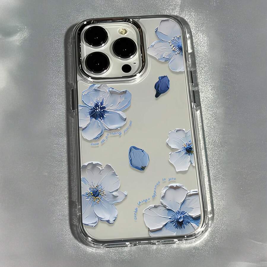 1pc Metal Transparent Personalized Oil Painting 3D Blue Flower Pattern Phone Case Compatible With IPhone 16 Pro Max/17/16/15/14 Plus/13/12/11 Air Protective Shell - Multicolor - View 1