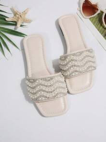 2026 Summer New Fashion Square Toe Casual Mule Open Toe Versatile Beach Soft Sole Comfortable Fairy Rhinestone Flat Slide Sandals For Women - Beige - View 7