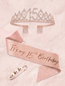 3rd To 100th Milestone Birthday Tiara & Sash Set With Pearl Brooch, Rose Gold Crystal Crown, Birthday Party Decorations Gift For Women & Girls - Multicolor - View 41