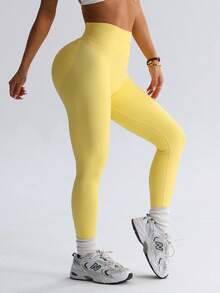 Leggings d'impact pour femme, pantalon de sport sans couture pour le yoga, contrôle du ventre, anti-squat, collants de fitness pour la salle de sport et l'entraînement, effet fesses galbées - Jaune citron - Voir 7