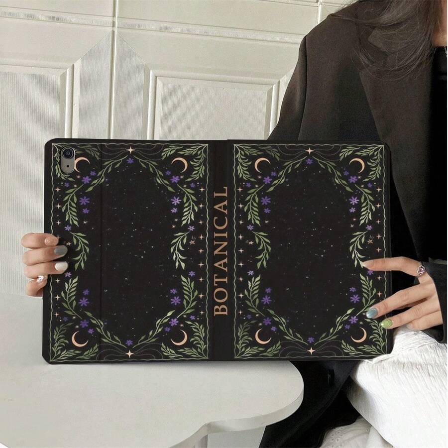 1件 深夜月亮與星星植物復古書籍印花保護殼，附鉛筆槽，適用於 iPad 10代 10.9吋 2022 智慧保護殼/Air 13(M3 2025)/11(A16 2025)/Galaxy Tab S10+/S9/A9，適用於 Oppo Pad，適用於 MatePad，適用於 Vivo Pad，適用於 Honor Pad，適用於 Xiaoxin Pad