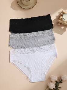 HOTCOM 3pcs Multicolor Lace Patchwork Ribbed Women's Triangle Panties, Casual Comfortable Cotton Women's Underwear, Soft Bodycon Women's Lingerie - Multicolor - View 4