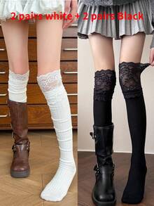 1/2 Pairs Women's Colorful Lace Ruffle Bow Versatile Ballet Style Over-The-Knee Socks - Multicolor - View 14