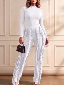 CALEBGAR Women's Sexy Two Piece Outfits Long Sleeve Fringe Pants Set Clubwear Going Out Birthday Party Night Outfits - 白色 - 查看 4