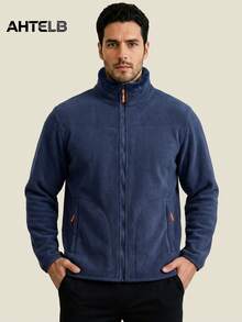 AHTELB Reversible Coral Fleece Double-Sided Fleece Jacket, Stand Collar Warm Zipper Jacket, Father's Sports Style - Navy Blue - View 4