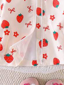 1pc Baby Girl Cute Strawberry Bow Print Long Sleeve Hooded Jacket, Lightweight, Spring/Autumn - Apricot - View 8