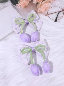 2pcs Pink Tulip Girl Bow Hair Clips, Satin Wavy Lace Edge Bow Hair Clips, Cute Flower Hair Accessories, Suitable For Daily Party Children Hair Accessories - Purple - View 9
