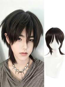 Wolf Tail Wig For Men, Japanese Style, Short Straight Hair, Layered Mullet Head Wig, Unisex, Versatile, Full Head Cover - Multicolor - View 13