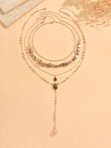4pcs/Set Vintage Multi-Layer Necklace Set, Plain Chain Layering With Beaded Water Drop Tiger Eye Stone Decor Y-Shaped Neck Chain, Women's Neck Jewelry Suitable For Holiday, Party, Beach, Casual Outing, Daily Wear, Beaded Shape, Size And Color Shade Are Random - Multicolor - View 2
