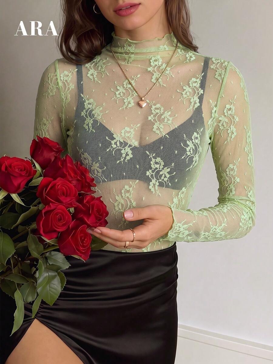 ARA CHIC 女款橄欖綠性感高彈性波點蕾絲上衣,時尚立領,透視優雅疊穿,春夏新款 - 綠色 - 查看 1