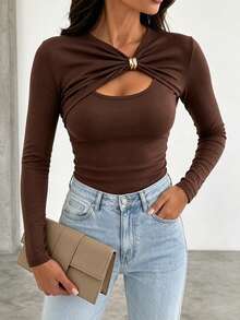 ChicMe Women's Sexy Front Twist Hollow Out Top, Gold Button Detail, Long Sleeve Slim Fit Ribbed Knit Sweater, Fashion Daily Party Wear - Coffee Brown - View 5