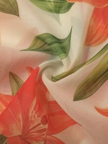 亮橘色印花薄紗和服風泳衣兩件套，優雅夏季海灘度假穿搭 - 橘色 - 查看 5