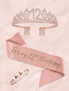 3rd To 100th Milestone Birthday Tiara & Sash Set With Pearl Brooch, Rose Gold Crystal Crown, Birthday Party Decorations Gift For Women & Girls - Multicolor - View 42