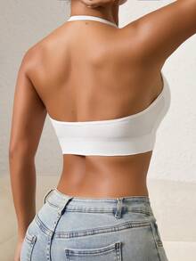 Runway Rest 1pc Women's Solid Color Halter Neck Sports Bra, Removable Padding Fitness Yoga Backless Comfortable Sports Underwear - White - View 8