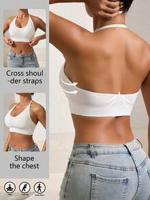Runway Rest 1pc Women's Solid Color Halter Neck Sports Bra, Removable Padding Fitness Yoga Backless Comfortable Sports Underwear - White - View 6